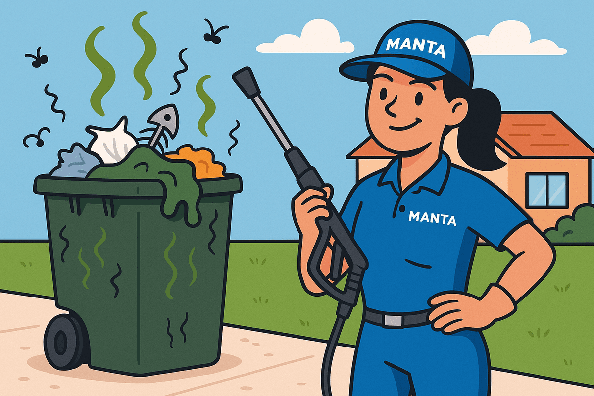Manta worker next to a dirty bin