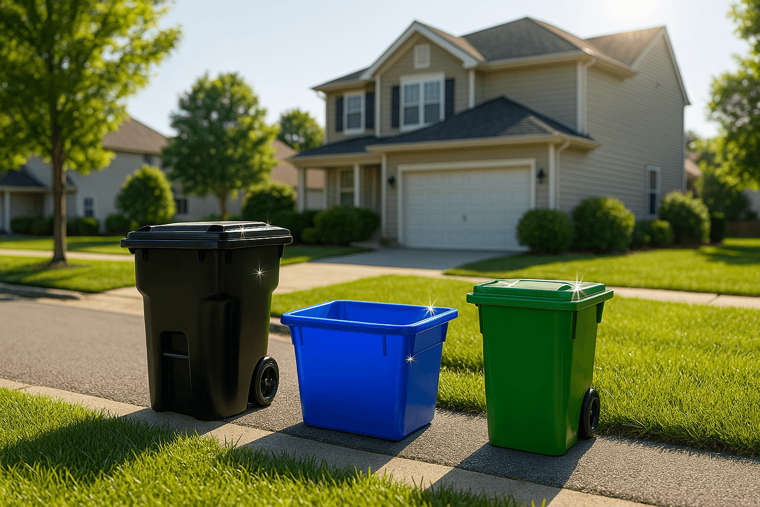 Clean bins in front of a suburban home